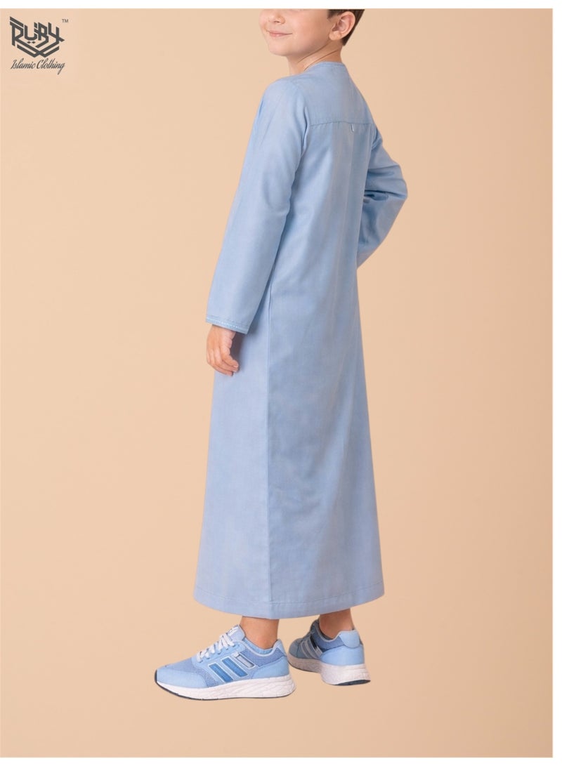 RUBY ISLAMIC CLOTHING Classic Sky Blue Emirati Thobe kandura for Children & kids with Intricate Embroidery kandura Kaftan Round Neck Long Sleeve Saudi Arabian Muslim Robe - Image 2